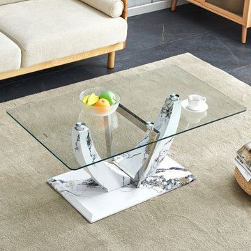 Transparent Tempered Glass Coffee Table With Marble