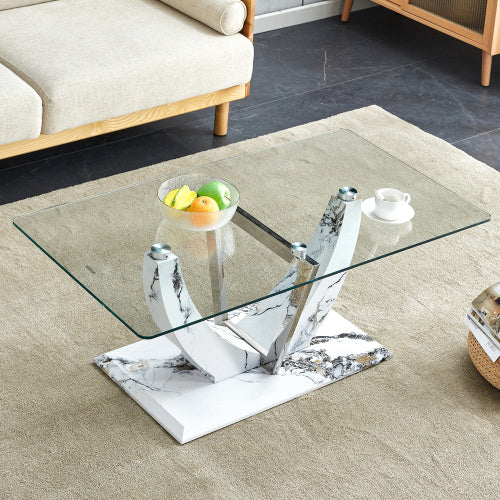 Transparent Tempered Glass Coffee Table With Marble