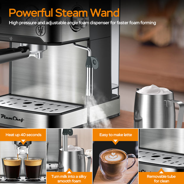20 Bar Professional Espresso Machine With Milk Frother, Single Double Shot, ESE Pod Compatible, Visual Display Of Pressure, Removable Water Tank For Cappuccino, Latte, Machiato For Home Barista