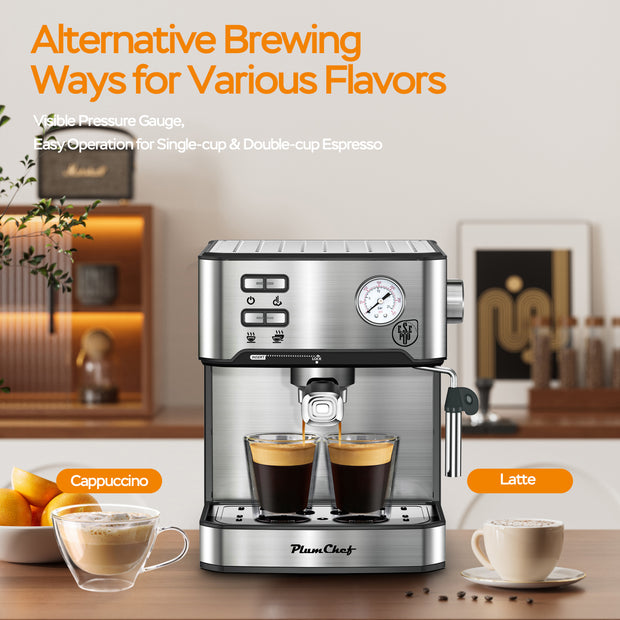 20 Bar Professional Espresso Machine With Milk Frother, Single Double Shot, ESE Pod Compatible, Visual Display Of Pressure, Removable Water Tank For Cappuccino, Latte, Machiato For Home Barista