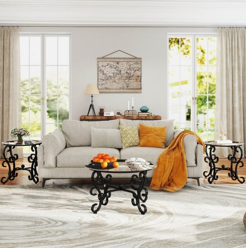 3 Piece Tempered Glass Surface Coffee Table Set